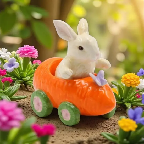 Ceramic Bunny Rabbit In Carrot Racecar Salt And Pepper Shakers, Home D&eacute;cor, Gift for Her or Mom, Kitchen D&eacute;cor, Spring or Easter D&eacute;cor {2}