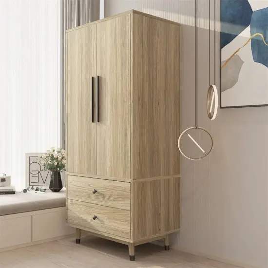 Oak MDF 2 Door Wardrobe with Hanging Rod and Shelves Compact Durable Bedroom Storage Unit {4}