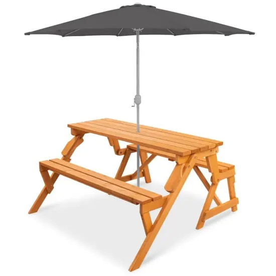 2-in-1 Wooden Picnic Table Bench Outdoor Convertible Furniture with Umbrella Hole for 2-4 People {2}