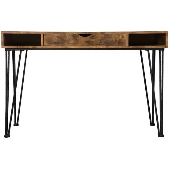 Rustic Brown Wood and Metal Writing Desk with Drawer and Hairpin Legs {4}