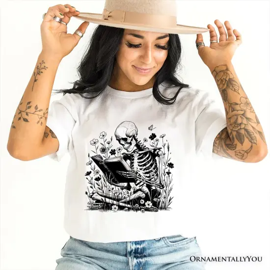 Gothic Reading Skeleton T-Shirt, Floral Halloween Tee for Spooky Bookworms {2}