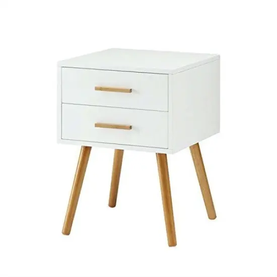 Modern 2-Drawer End Table Nightstand White with Solid Wood Legs and Piano Finish Surface {1}