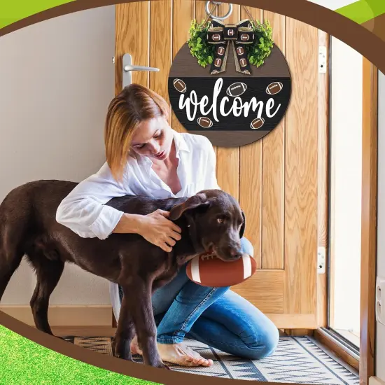 Hello Fall Football Sign for Front Door Thanksgiving Wooden Hanging Sign Fall Welcome Wreaths with Bow Turkey Farmhouse Wall Decoration for Home Autumn Harvest Front Porch Decor(Football) {2}