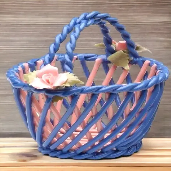 Ceramic Small Woven Blue Basket with Pink Rose Flowers, Home D&eacute;cor, Gift for Her, Gift for Mom, Nature Lover Gift {1}