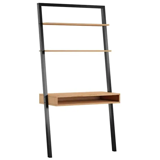 Rustic Oak Black Solid Wood Ladder Writing Desk with Shelves and Slim Frame {1}