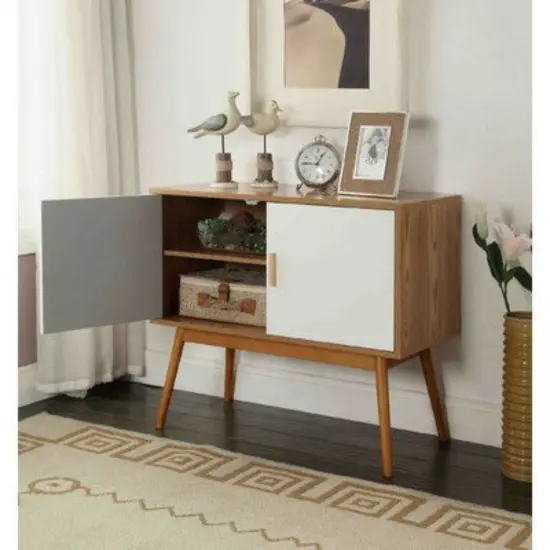 Modern Wood Entryway Console Table with Shelving and Cable Management 4 Straight Legs {2}
