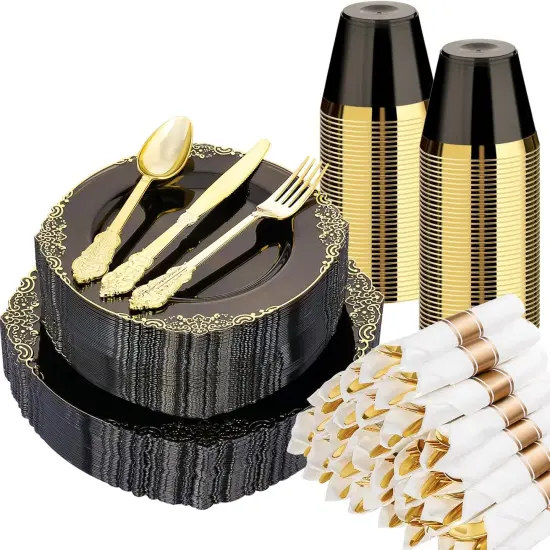 350PCS Silver Disposable Dinnerware Set &ndash; Plates, Cutlery, Cups & Napkins for 50 Guests {1}