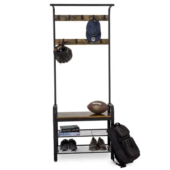 Entryway Modern Industrial Style Hall Tree Coat Rack Shoe Storage Bench {4}