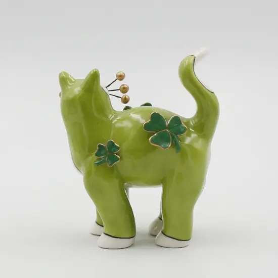 Ceramic Green Cat with Shamrocks and Golden Bead Whiskers Figurine, Home Décor, Gift for Her, Gift for Mom, Irish Saint Patrick’s Day Décor {4}