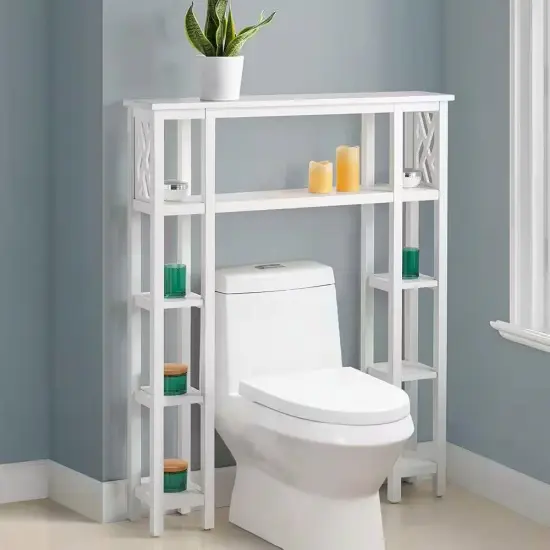 Over the Toilet Bathroom Shelving Unit with 9-Shelves in White Wood Finish {5}