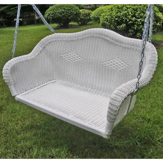 White Resin Wicker Porch Swing with 4-ft Hanging Chain for Patio Relaxation {2}