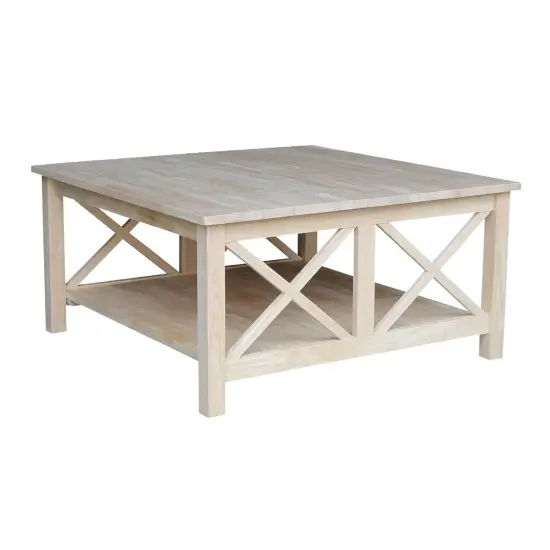 36-Inch Square Unfinished Solid Wood Coffee Table with Storage Shelf and X Frame Design {1}