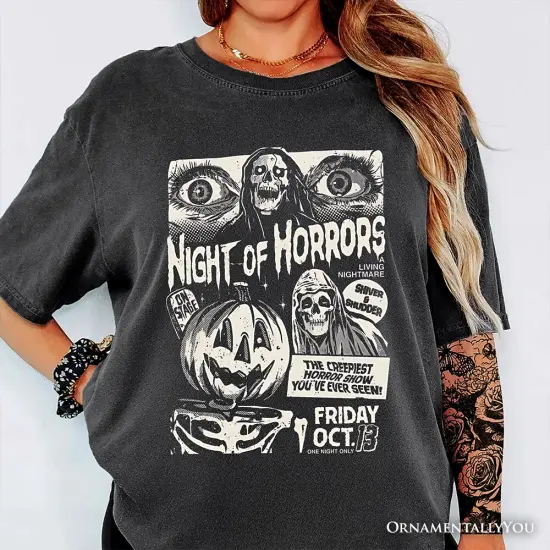 Night of Horrors Retro Halloween T-Shirt, Vintage Poster Tee for Spooky Season Fans {5}
