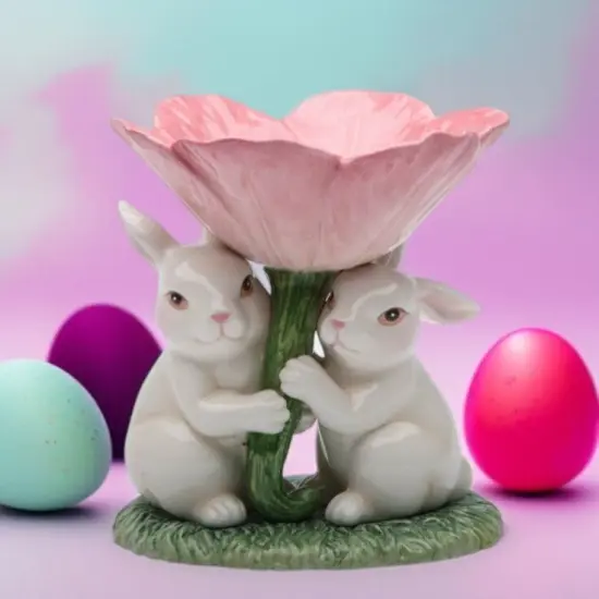 Ceramic Easter Bunny Rabbits with Pink Flower Candle Holder, Gift for Her, Gift for Mom, Kitchen D&eacute;cor, Spring D&eacute;cor, Easter D&eacute;cor {2}