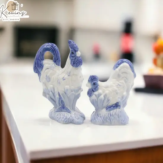 Ceramic White Rooster With Blue Print Salt And Pepper Shakers, Home D&eacute;cor, Gift for Her, Gift for Mom, Kitchen D&eacute;cor, Farmhouse Decor {1}