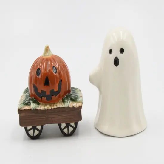 Ceramic Casper the Ghost And Pumpkin Wagon Halloween Salt And Pepper Shakers, Gift for Her or Mom, Kitchen D&eacute;cor, Fall D&eacute;cor {3}