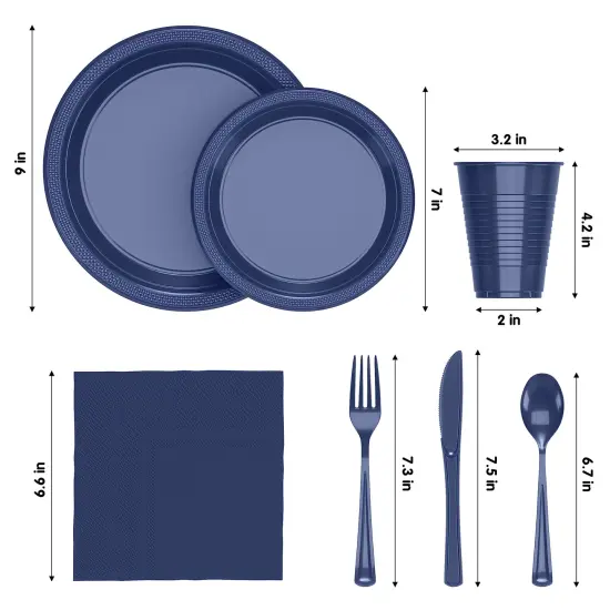 Exquisite 350 Pcs Plastic Plates for Party &ndash; Disposable Plates Set &ndash; 50 Each of 9" Dinner Plates, 7" Dessert Plates, Plastic Cups, Napkins & Plastic Cutlery &ndash; Plastic Dinnerware by Party Solids Navy {2}