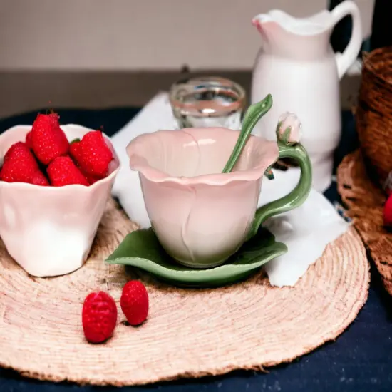 Ceramic Hibiscus Flower Cup and Saucer and Spoon-2 Sets, Gift for Mom, Gift for Friend or Coworker, Tea Party Décor, Café Decor {2}
