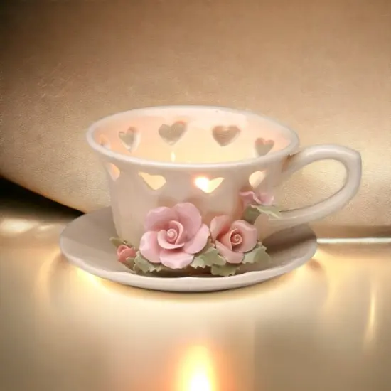 Hand Crafted Ceramic Rose Cup Tealight Candle Holder, Wedding D&eacute;cor, Wedding Gift, Wedding Favor, Anniversary D&eacute;cor, Anniversary Gift {2}