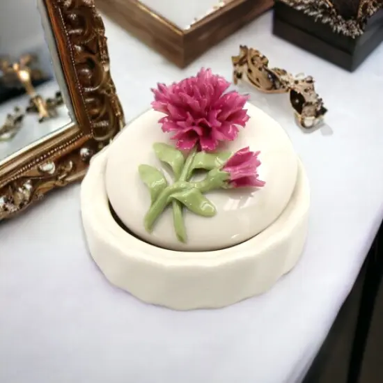 Ceramic Carnation Flower Jewelry Box, Home D&eacute;cor, Gift for Her, Gift for Mom, Vanity D&eacute;cor, Romantic D&eacute;cor {1}