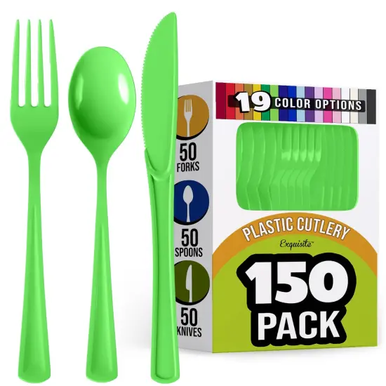 Exquisite Polished Plastic Silverware &ndash; 150 Pcs Heavy Duty Cutlery Set &ndash; 50 Each of Forks, Knives & Spoons &ndash; Disposable Utensil Set for Parties, Events & Catering &ndash; Flatware Set by Party Solids Lime {1}