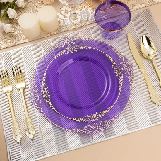350PCS Purple & Gold Disposable Dinnerware Set &ndash; Plates, Cutlery, Cups & Napkins for 50 Guests {3}