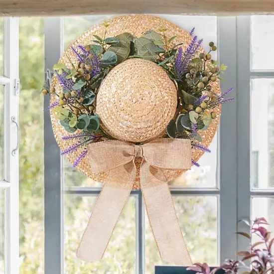 16 Inch Summer Straw Hat Wreath with Bow - Green {5}