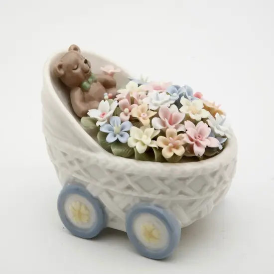 Ceramic Teddy Bear With Flowers in Baby Stroller Figurine, Home D&eacute;cor, Nursery Room D&eacute;cor, Baby Gift {3}