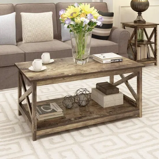 2-Tier Rustic Wood Coffee Table with Open X-Frame Sides Perfect for Living Room Storage {4}