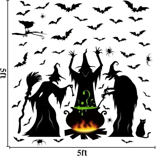Extra Large 3 Witches with Black Cat and Spider Halloween Window Stickers (4 Sheets) {3}