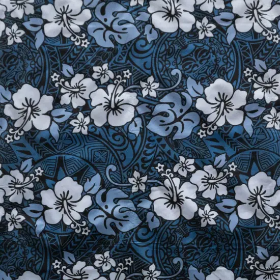 1 Yard Hibiscus Plumeria Monstera Leaf Polyester Fabric For Apparel Sewing And Tropical Crafts 60 Inch Royal/Aqua {4}