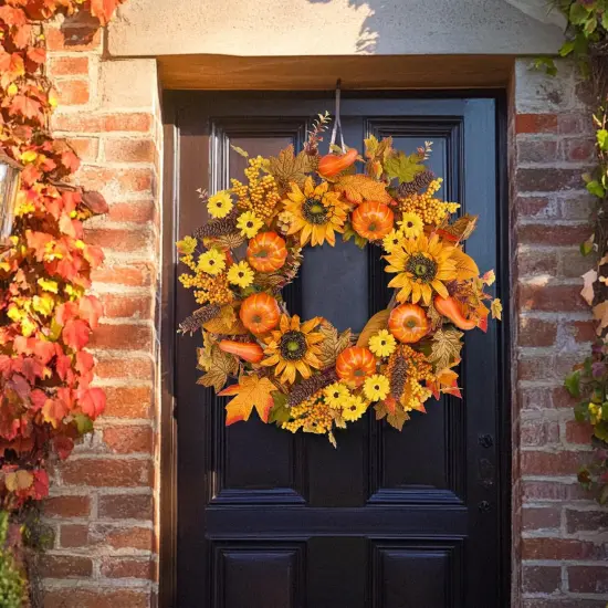 24 Inch Fall Wreaths for Front Door Outside, Pumpkins Thanksgiving Wreath, {5}