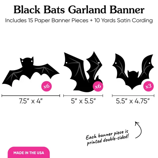 Big Dot of Happiness Black Bats Garland Banner, Halloween Party Decorations Backdrop, 30 Feet of Cord, 15 Paper Bat Shapes {5}