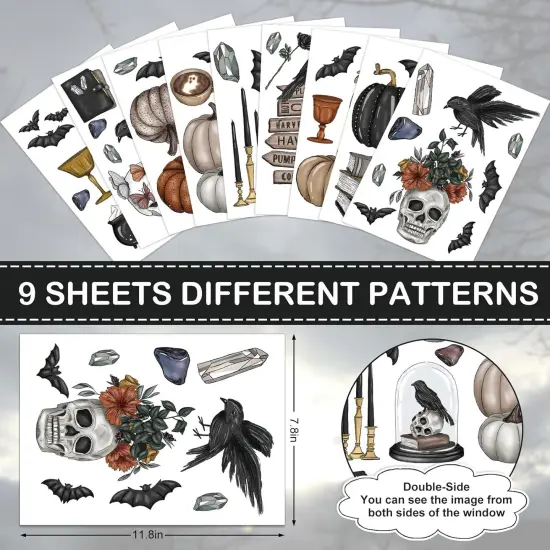 76Pcs Halloween Gothic Skull Window Clings - 9 Sheet {3}