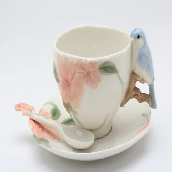 Ceramic Flower with Bluebird Cup and Saucer and Spoon-2 Sets, Gift for Mom, Gift for Friend or Coworker, Tea Party D&eacute;cor, Caf&eacute; Decor {4}