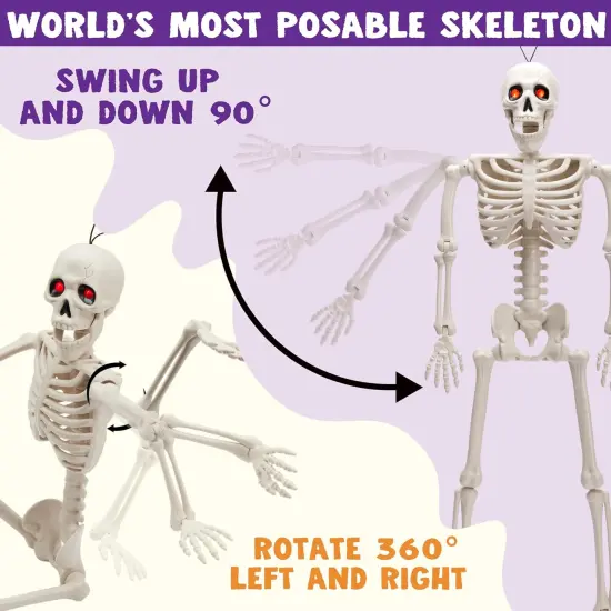 24 Inch Halloween Posable Skeleton with LED Red Glowing Eyes, 2FT Realistic {4}