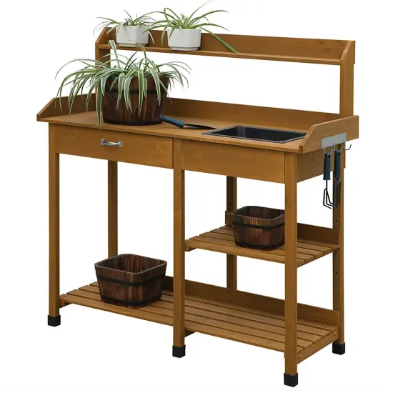 Garden Work Table with Sink Light Oak Wood Potting Bench Storage {1}