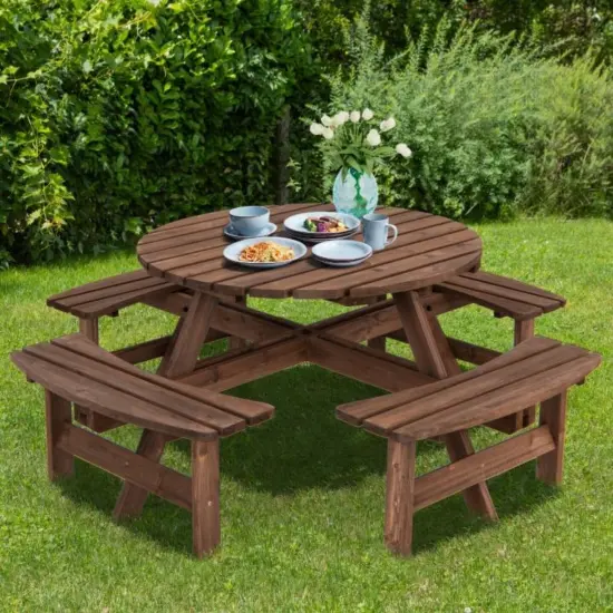 Espresso Round 8-Seater Fir Wood Picnic Table with Umbrella Hole Perfect for Backyard Gatherings {4}