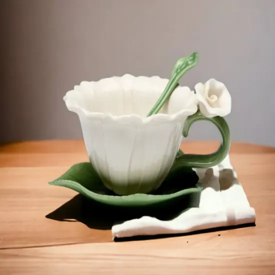 Ceramic White Daisy Flower Cup and Saucer and Spoon-1 Set, Gift for Her, Mom, Gift for Friend or Coworker, Tea Party D&eacute;cor, Caf&eacute; Decor {2}