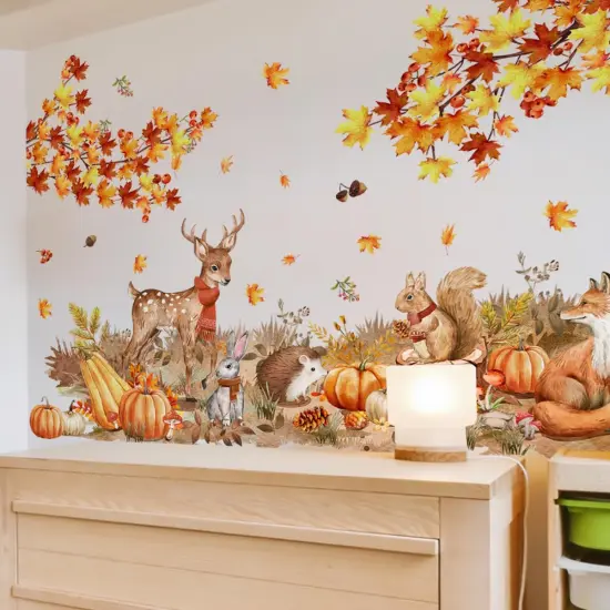 Fall Maple Leaves Wall Decal Thanksgiving Pumpkin Wall Sticker {1}