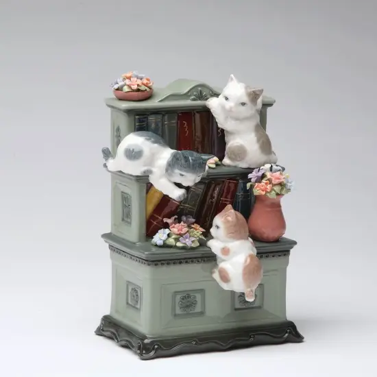 Ceramic Cats Playing on Bookshelf with Flowers Music Box, Home D&eacute;cor, Gift for Her, Mom, Kitchen D&eacute;cor, Cat Lovers Gift, Pet Loss Gift {3}