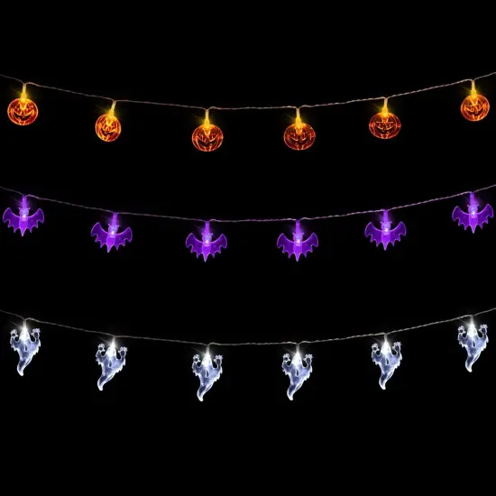 Set of 3 Halloween Lights - Orange Pumpkins, Purple Bats, White Ghosts {2}