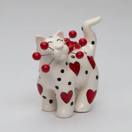 Ceramic White Cat with Red Hearts Ornament, Home Décor, Gift for Her, Mom, Cat Lovers Gift, Pet Loss Gift, Valentines Day Decor {3}