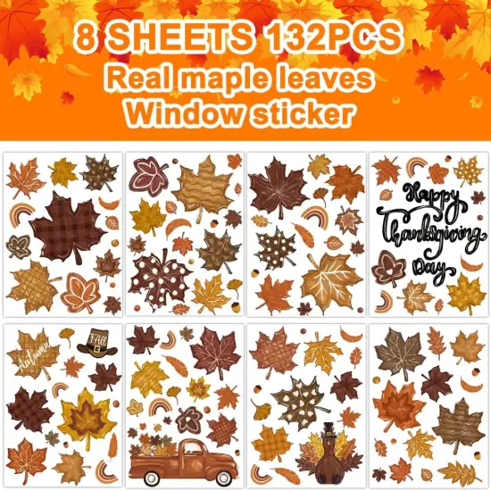 8 Sheets Thanksgiving Fall Leaves Window Clings Decals {2}