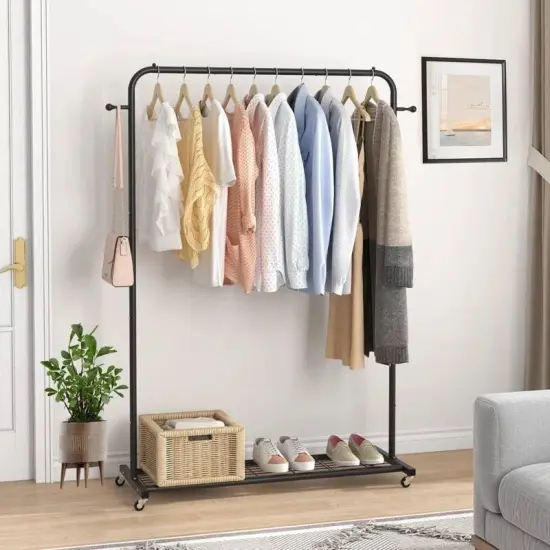 Black Steel Modern Garment Rack with Shelves, Side Hooks and Lockable Wheels {2}