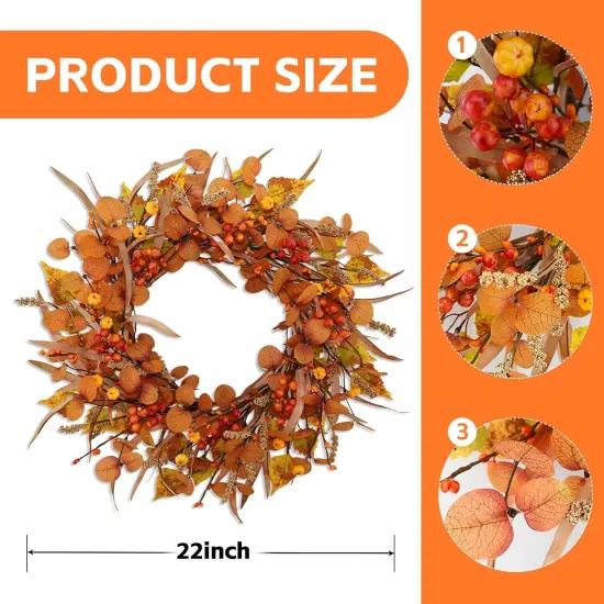 22 Inch Artificial Fall Autumn Wreath with Eucalyptus Leaves {4}