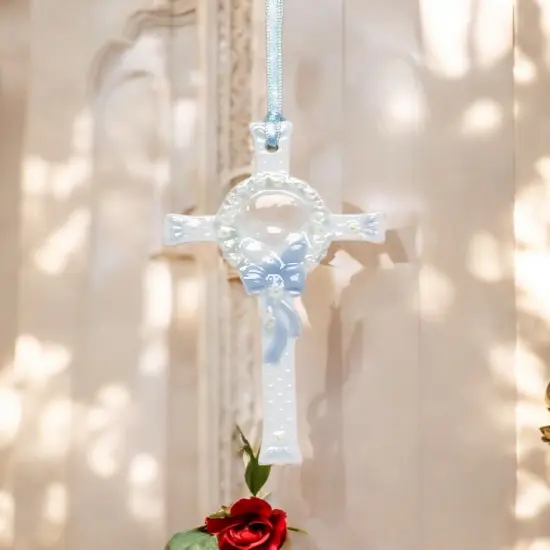 Ceramic Praying Boy on Cross, Religious Decor or Gift, Baptism Gift {1}