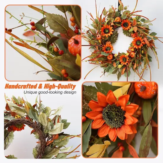 Fall Wreaths for Front Door, Soomeir 22 Inch Pumpkin Autumn Thanksgiving Wreath with Berries, Sunflower Wreath for Outdoor Outside Indoor Halloween Decorations {2}