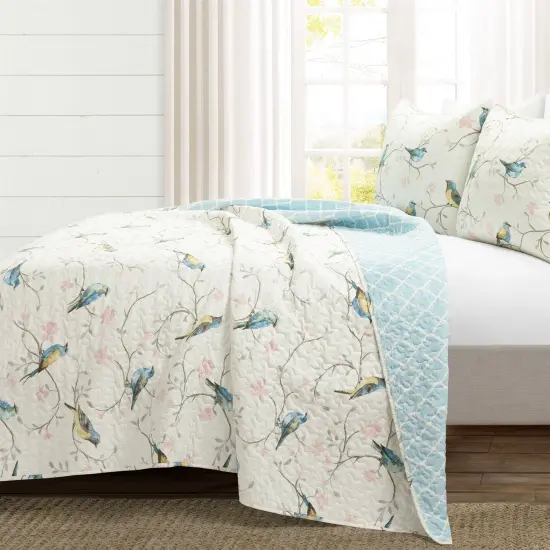 Full Queen Floral Birds Quilt Set 3 Piece Reversible Bedding {2}