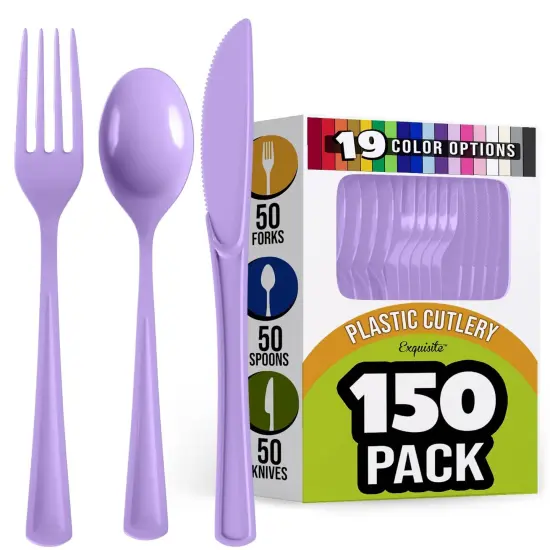 Exquisite Polished Plastic Silverware &ndash; 150 Pcs Heavy Duty Cutlery Set &ndash; 50 Each of Forks, Knives & Spoons &ndash; Disposable Utensil Set for Parties, Events & Catering &ndash; Flatware Set by Party Solids Lavender {1}